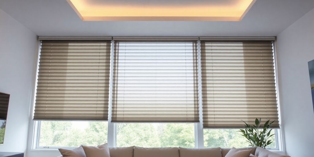 Modern smart blinds adjusting sunlight in a stylish room.
