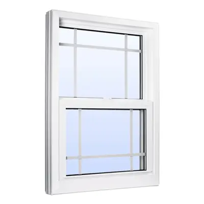 White single-hung window with grid design and sliding sash