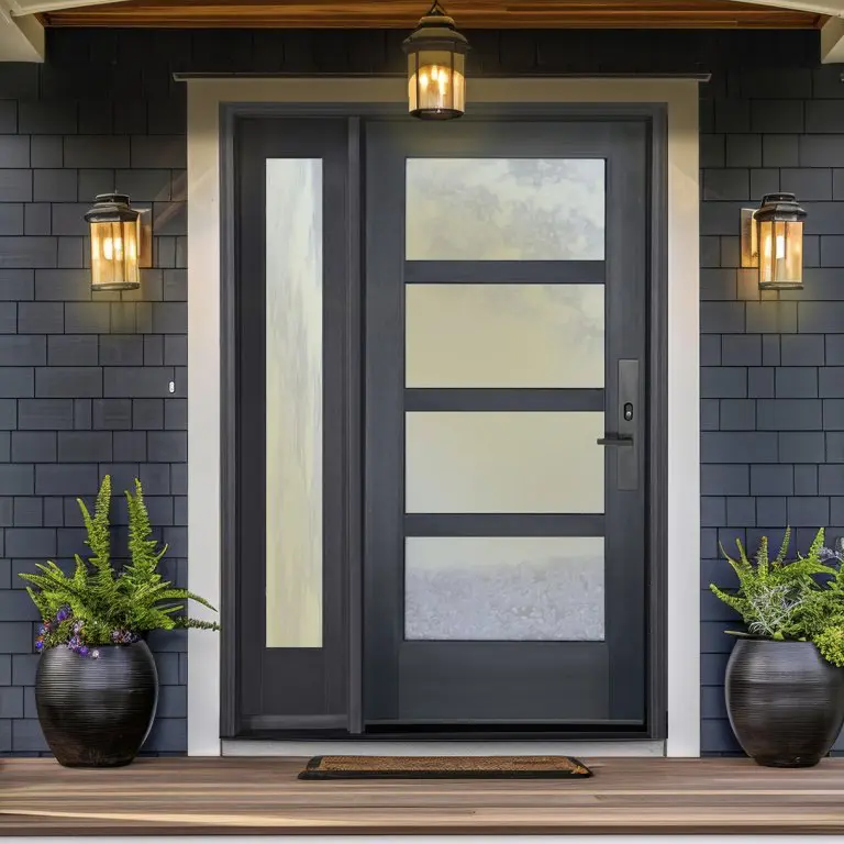 Modern black front door with glass panels and shingle siding